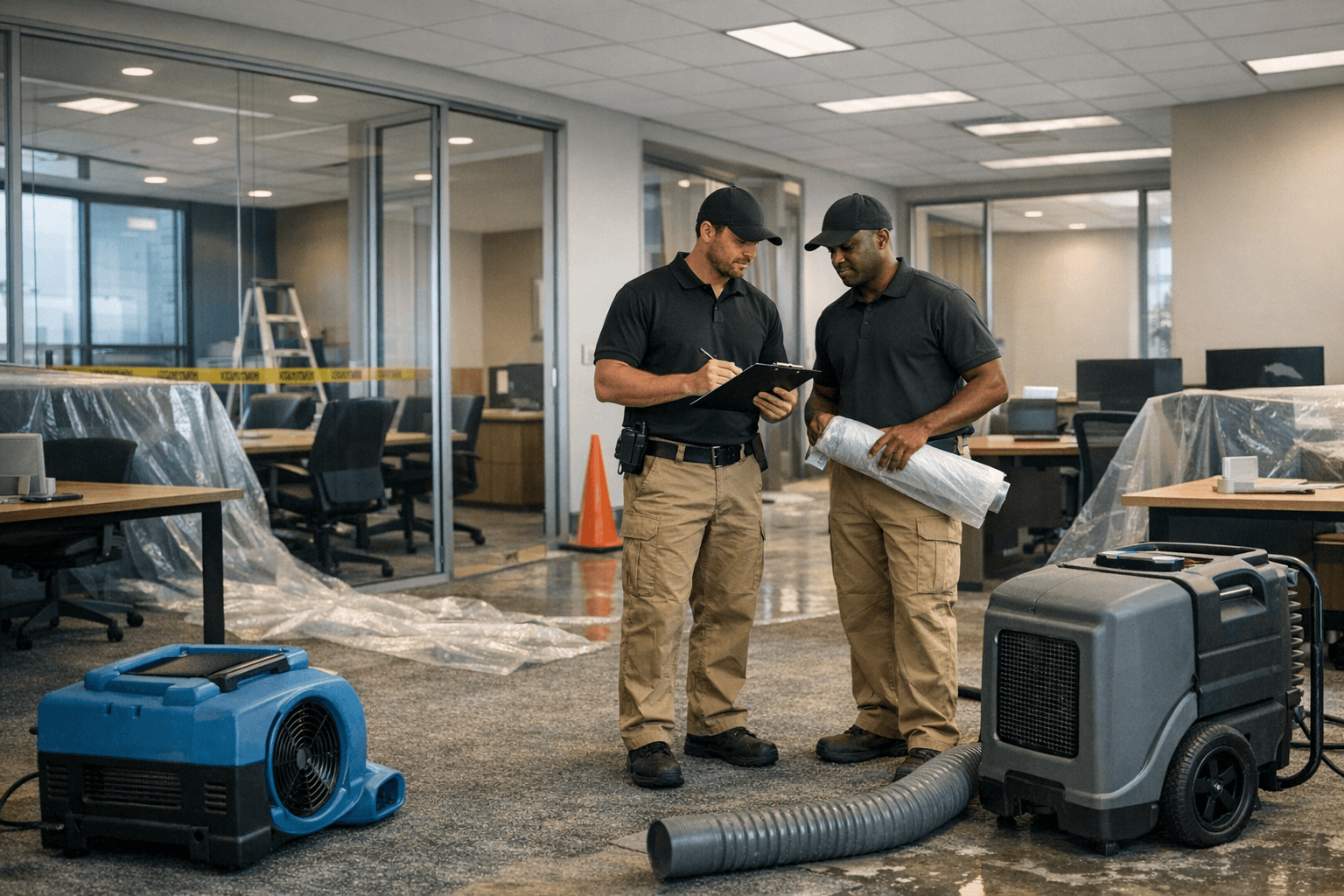 Commercial restoration technicians coordinating cleanup inside a modern office suite with desks, glass partitions, and professional drying equipment.
