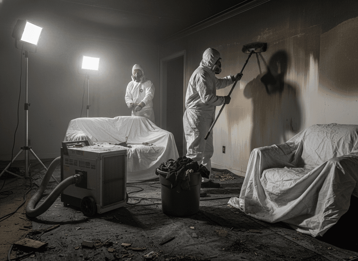 IICRC certified technician assessing fire and smoke damage with thermal imaging equipment inside a South Florida home.