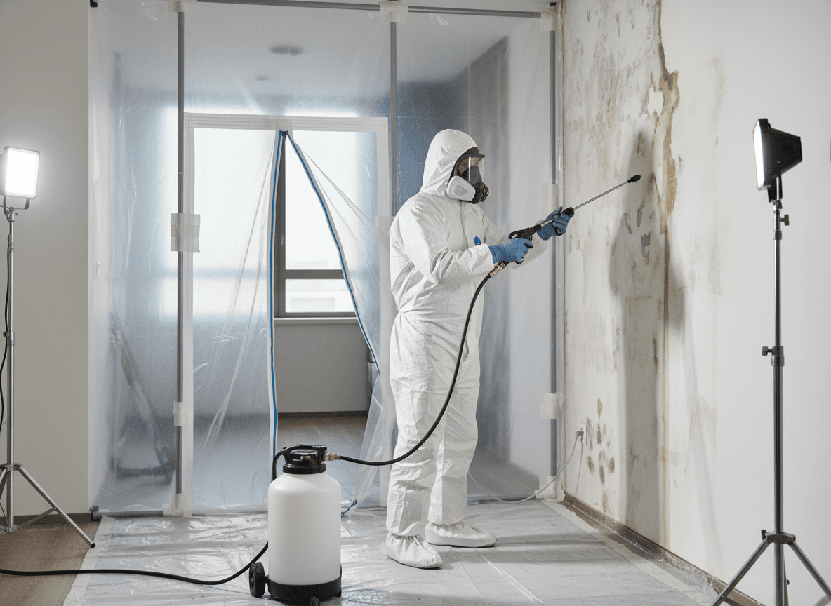 Mold remediation specialist in PPE inspecting mold growth behind drywall during a certified inspection.