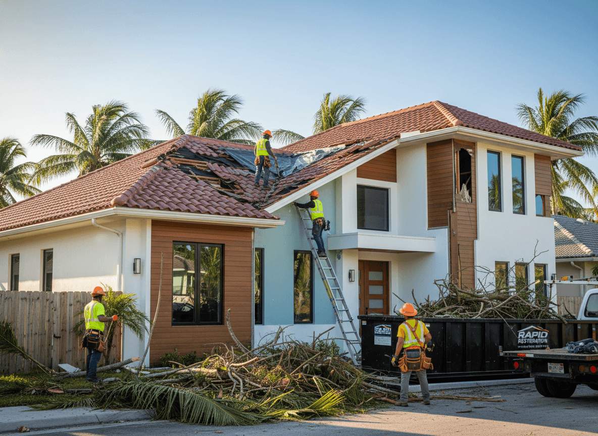 Storm damage repair crew working on a residential property after severe weather in South Florida.