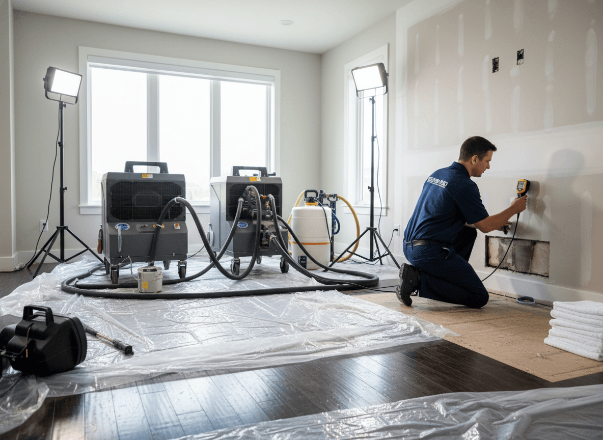 Water damage restoration in progress with extraction equipment removing standing water from a residential living room.